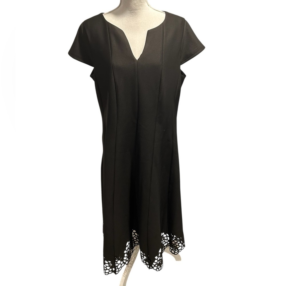{Roz & Ali} Black Midi Dress with Laser-Cut Hem